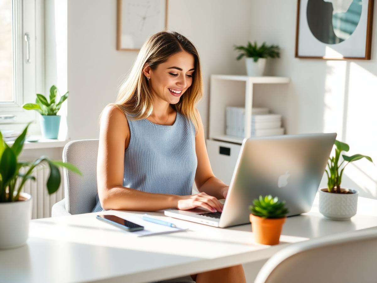 Woman working remotely from a bright home office